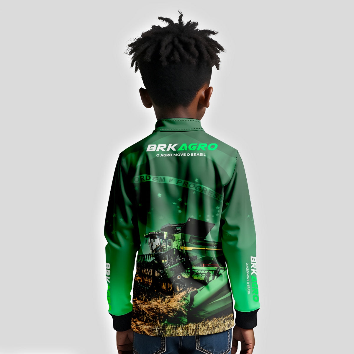 Camisa Infantil Agro Brk O Agro Move o Brasil Colheitadeira com Proteção Solar UV50+ - Brk Agro
