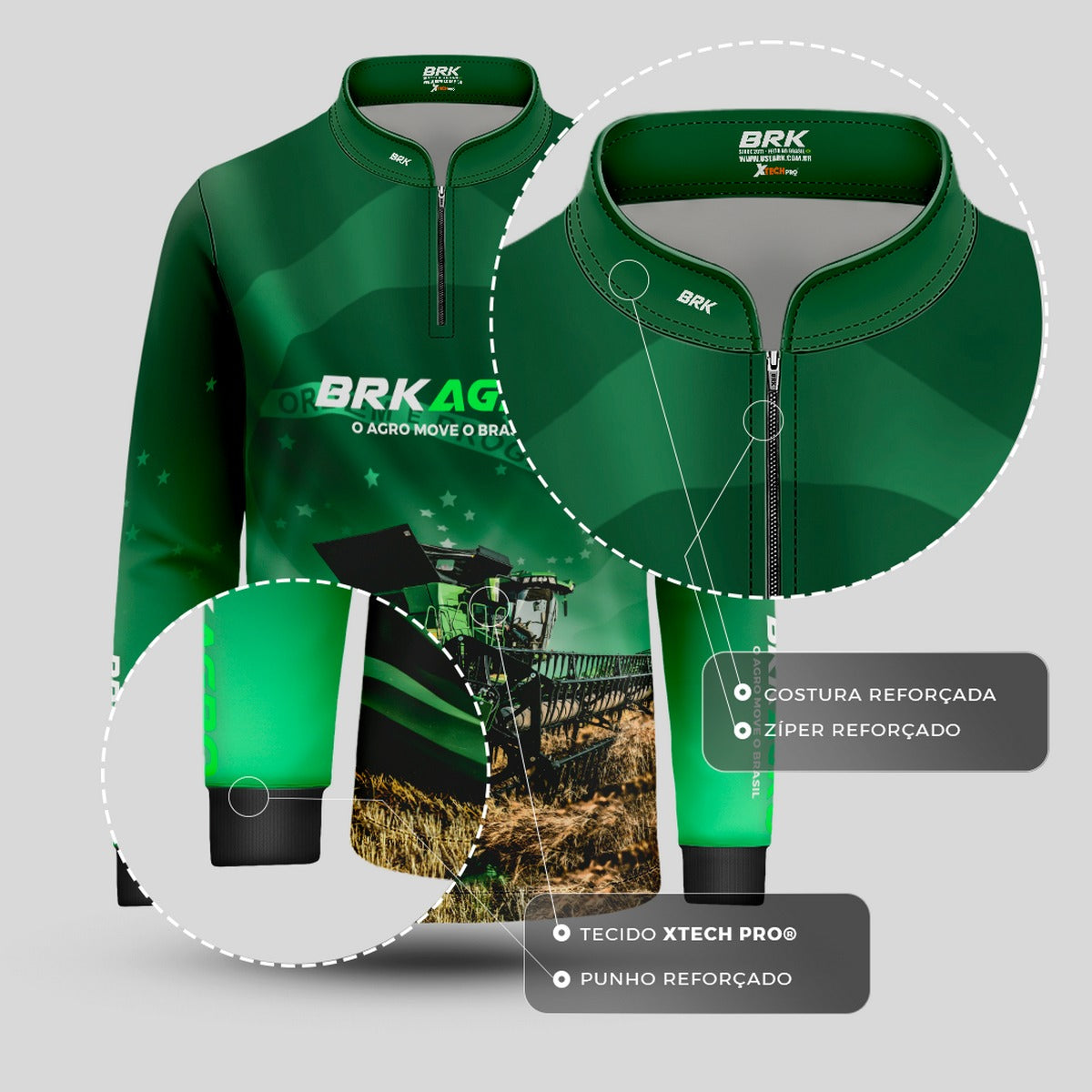 Camisa Infantil Agro Brk O Agro Move o Brasil Colheitadeira com Proteção Solar UV50+ - Brk Agro