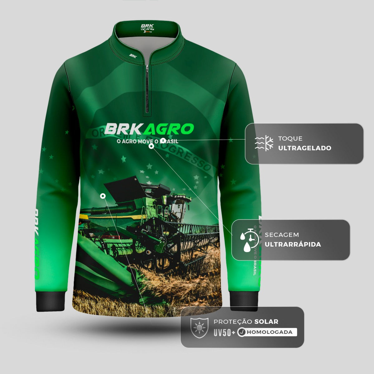 Camisa Infantil Agro Brk O Agro Move o Brasil Colheitadeira com Proteção Solar UV50+ - Brk Agro