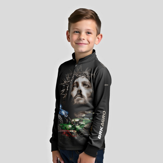 Camisa Infantil Agro Brk Trator Jesus Preta com Proteção Solar UV50+ - Brk Agro