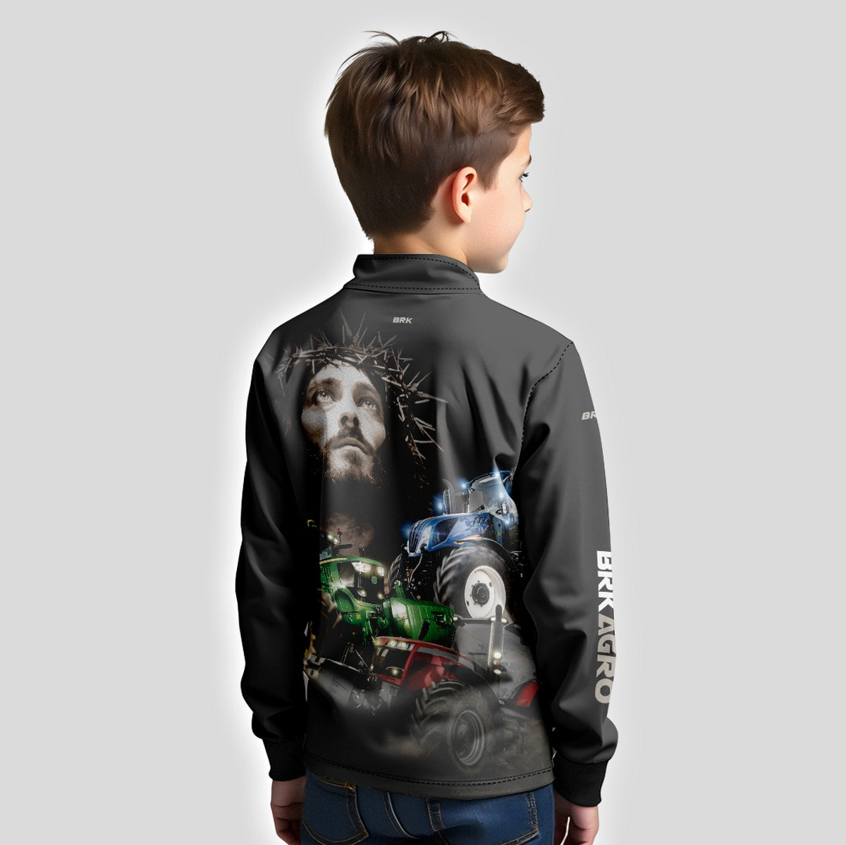 Camisa Infantil Agro Brk Trator Jesus Preta com Proteção Solar UV50+ - Brk Agro