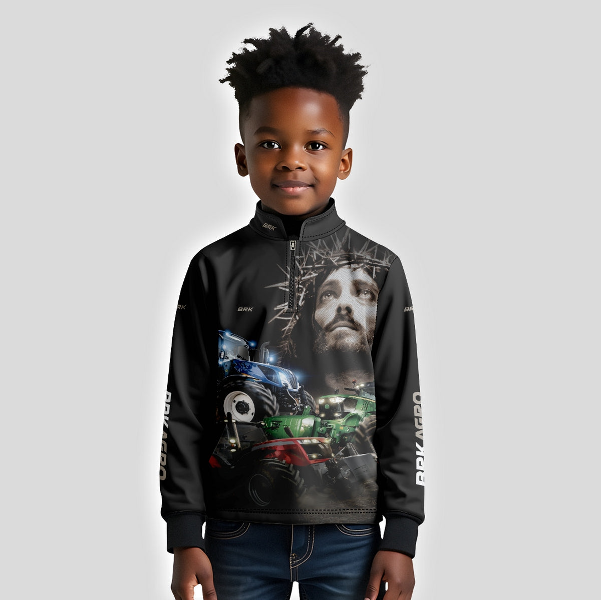 Camisa Infantil Agro Brk Trator Jesus Preta com Proteção Solar UV50+ - Brk Agro