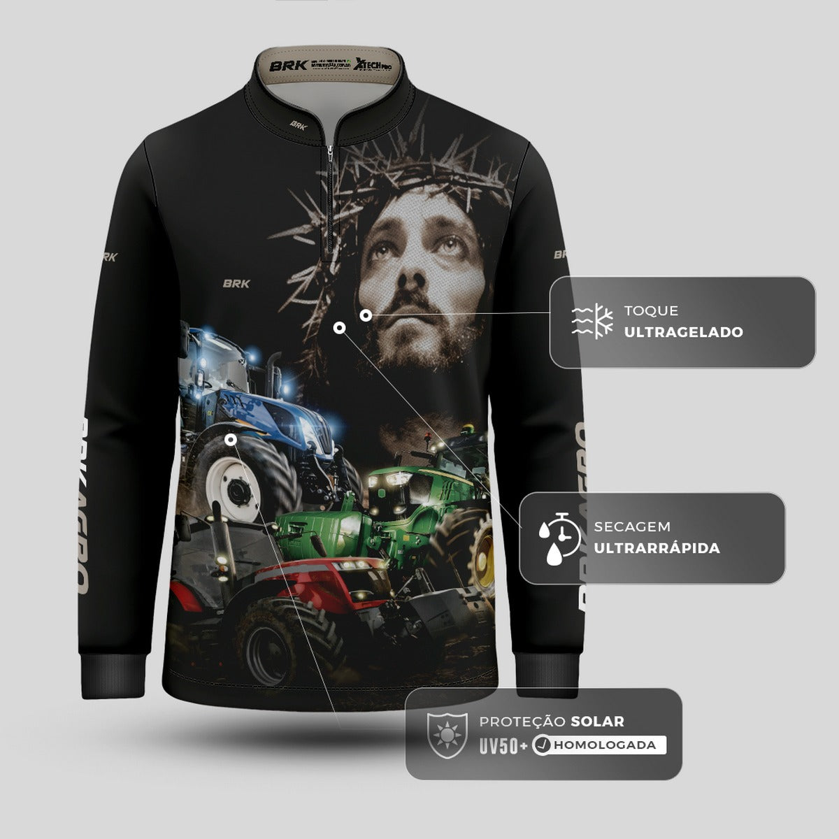 Camisa Infantil Agro Brk Trator Jesus Preta com Proteção Solar UV50+ - Brk Agro