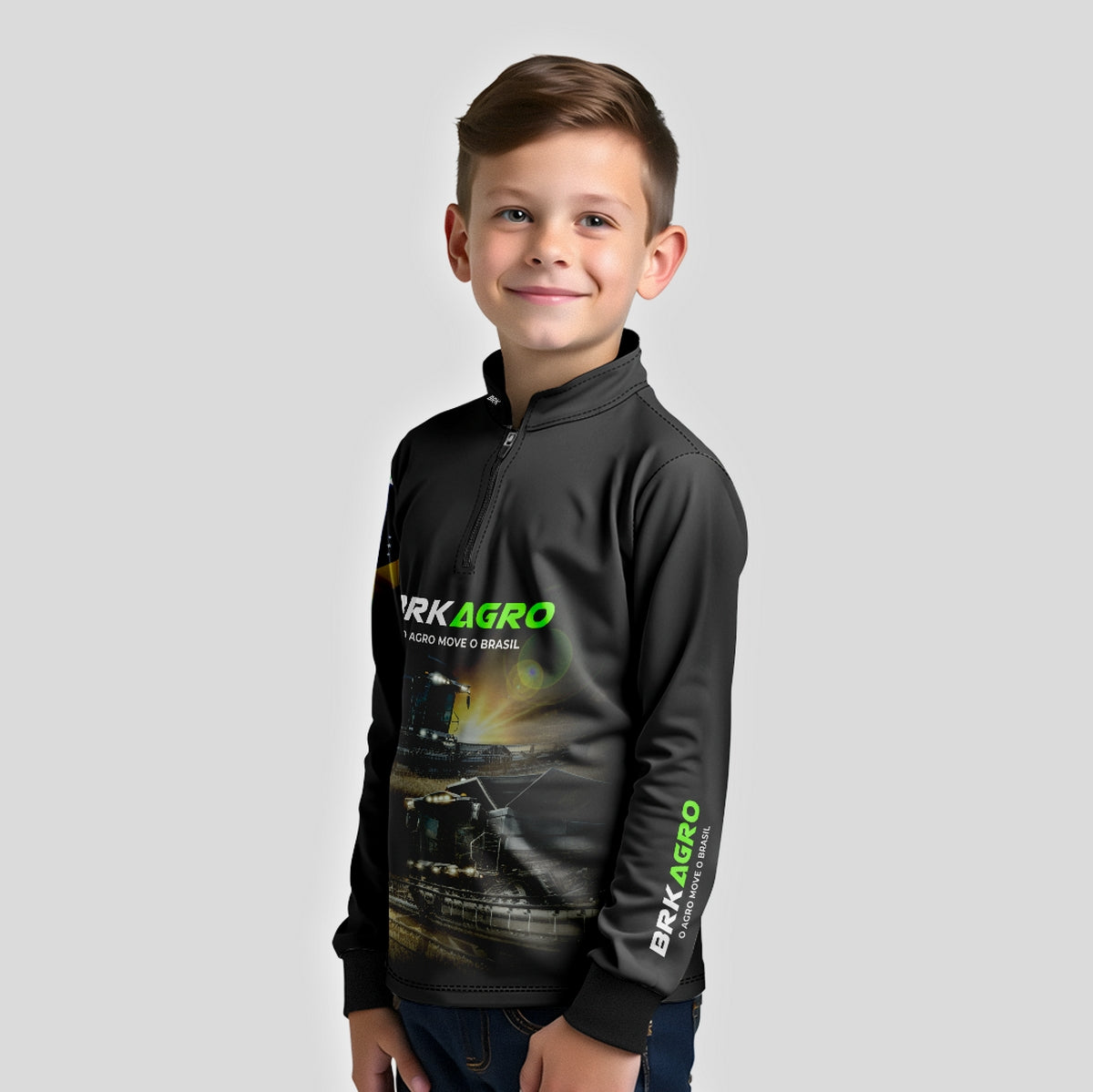 Camisa Infantil Agro Brk Preta Colheitadeira com Proteção Solar UV50+ - Brk Agro