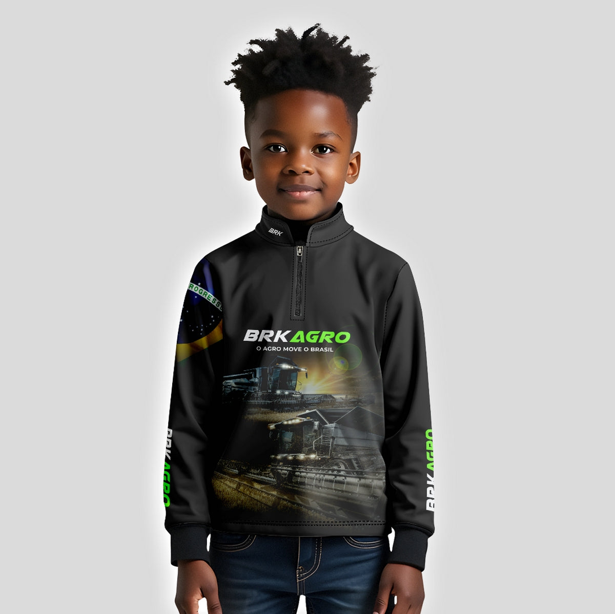 Camisa Infantil Agro Brk Preta Colheitadeira com Proteção Solar UV50+ - Brk Agro