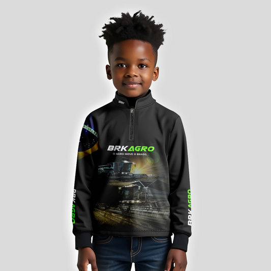 Camisa Infantil Agro Brk Preta Colheitadeira com Proteção Solar UV50+ - Brk Agro