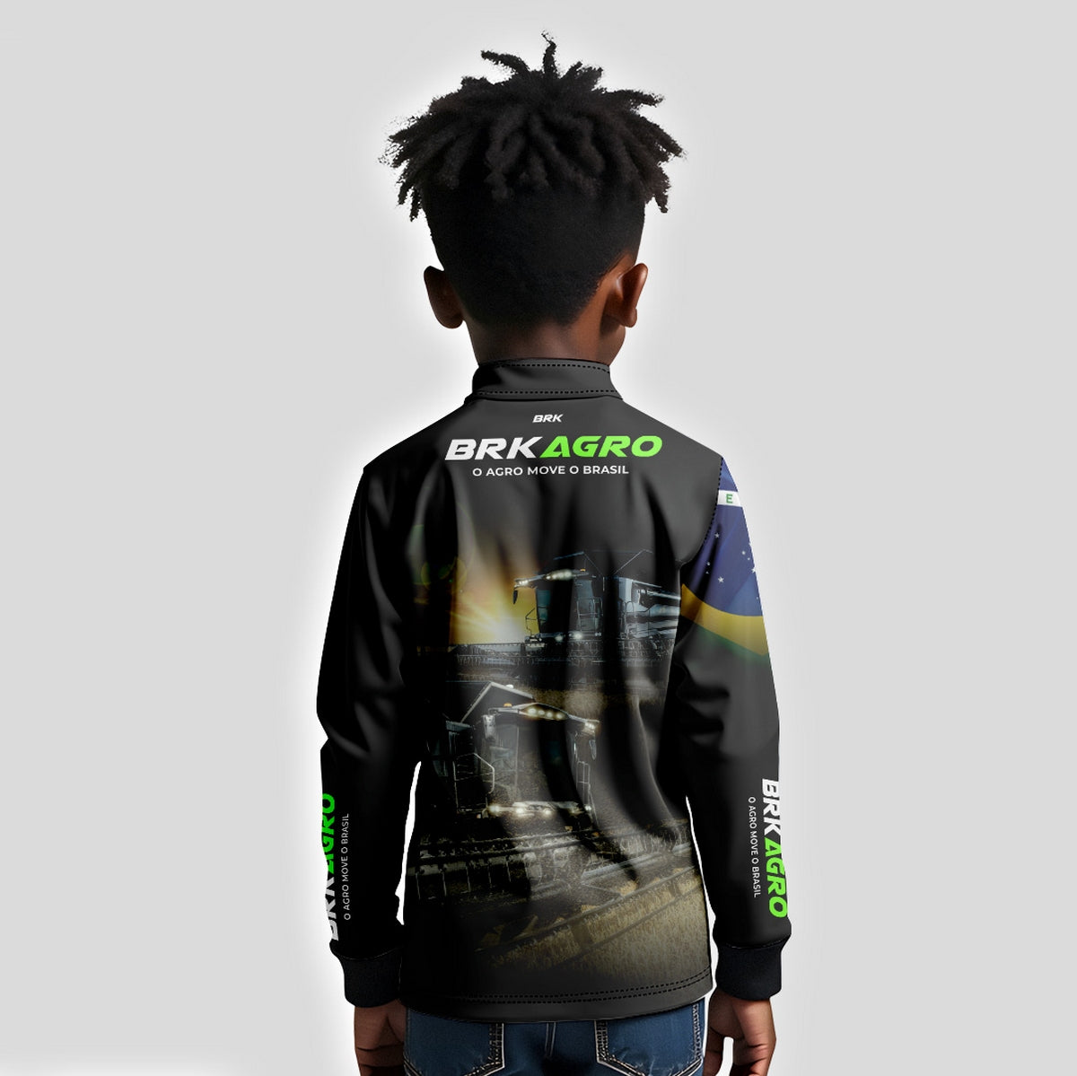 Camisa Infantil Agro Brk Preta Colheitadeira com Proteção Solar UV50+ - Brk Agro