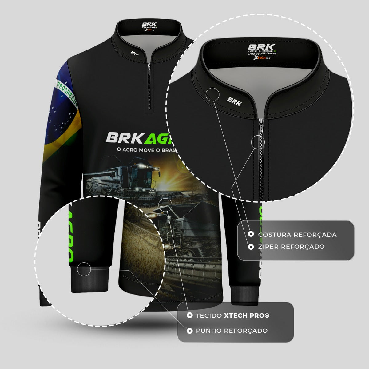 Camisa Infantil Agro Brk Preta Colheitadeira com Proteção Solar UV50+ - Brk Agro