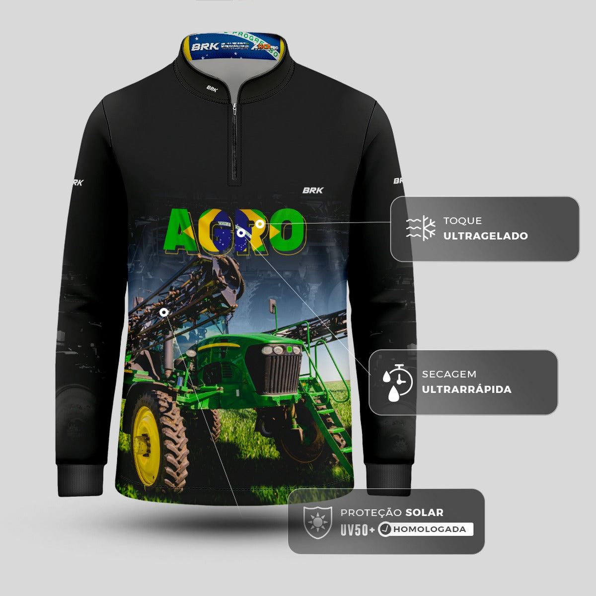 Camisa Brk Agro Infantil Preta Pulverizador Proteção Solar UV50+ - Brk Agro
