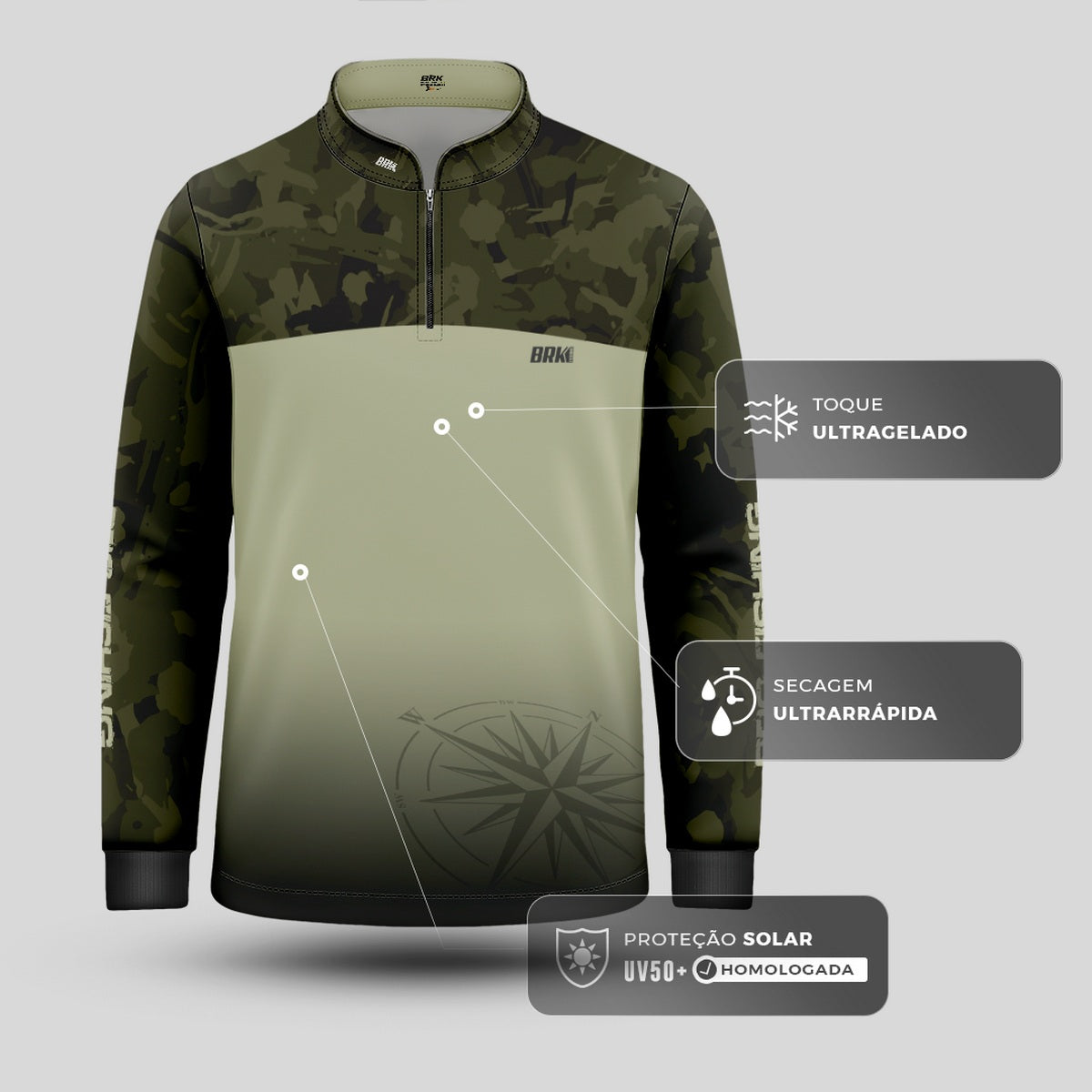 Camisa Infantil de Pesca Brk compass Camuflado com Proteção Solar UV50+ - Brk Agro