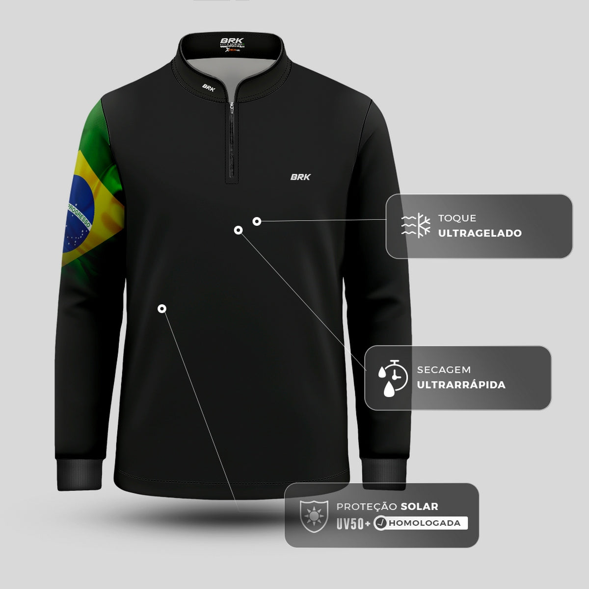 Camisa Infantil Agro Brk Preta Bandeira do Brasil com Proteção Solar UV50+ - Brk Agro