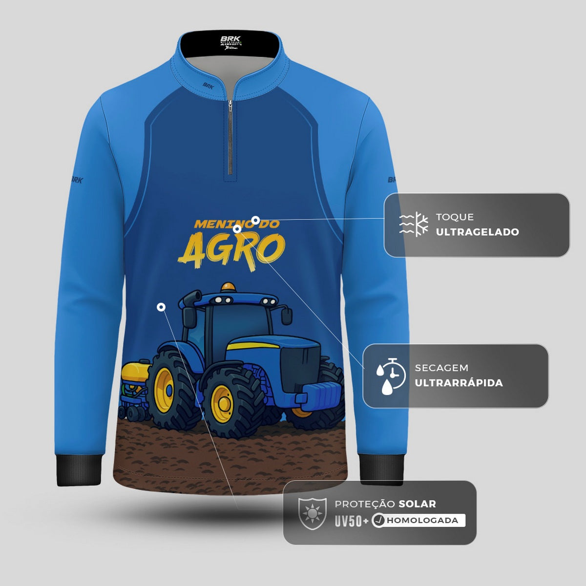 Camisa Agro Kids Brk Azul Menino do Agro c/ UV50 + Revista para Colorir e Envio FULL