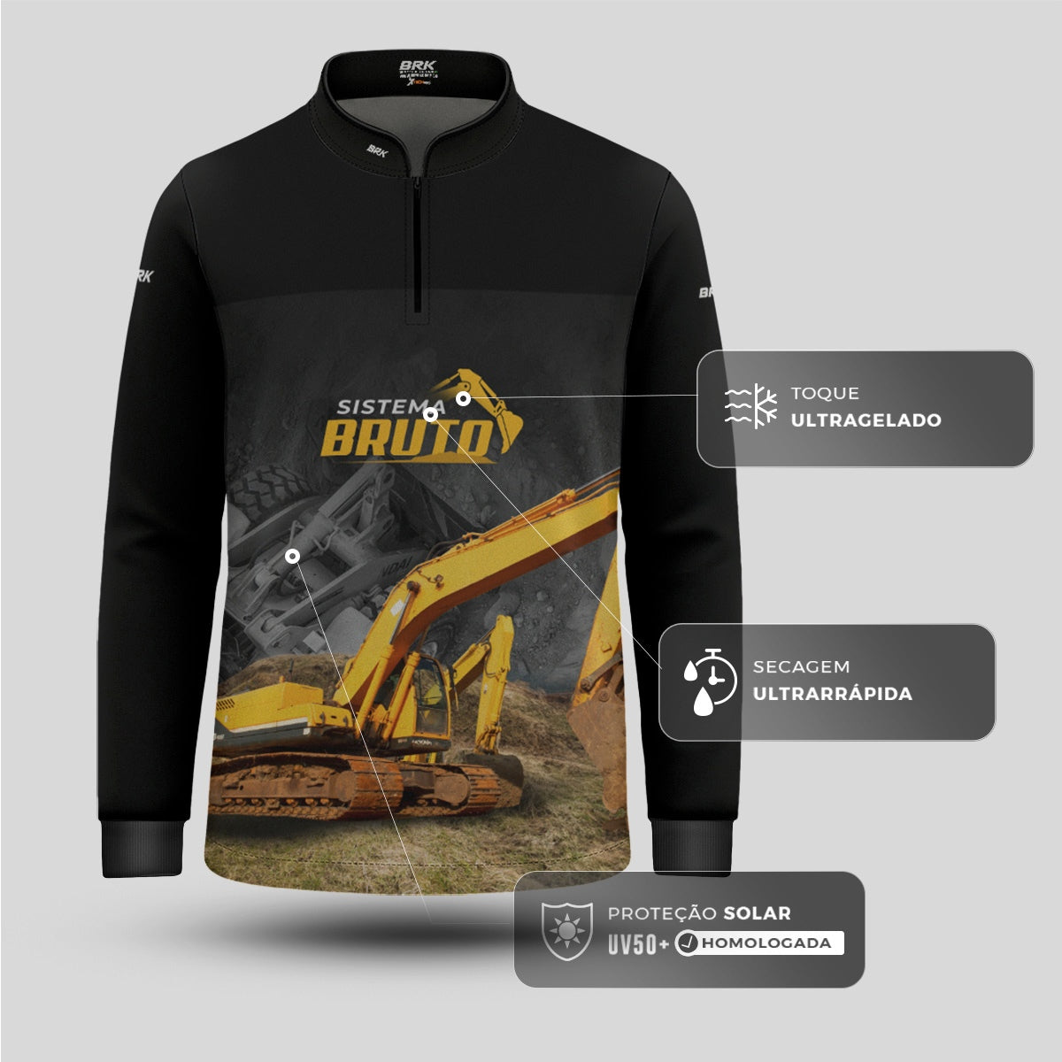 Camisa Agro Infantil Brk Preto e Amarelo Terraplanagem com Proteção UV50+ - Brk Agro