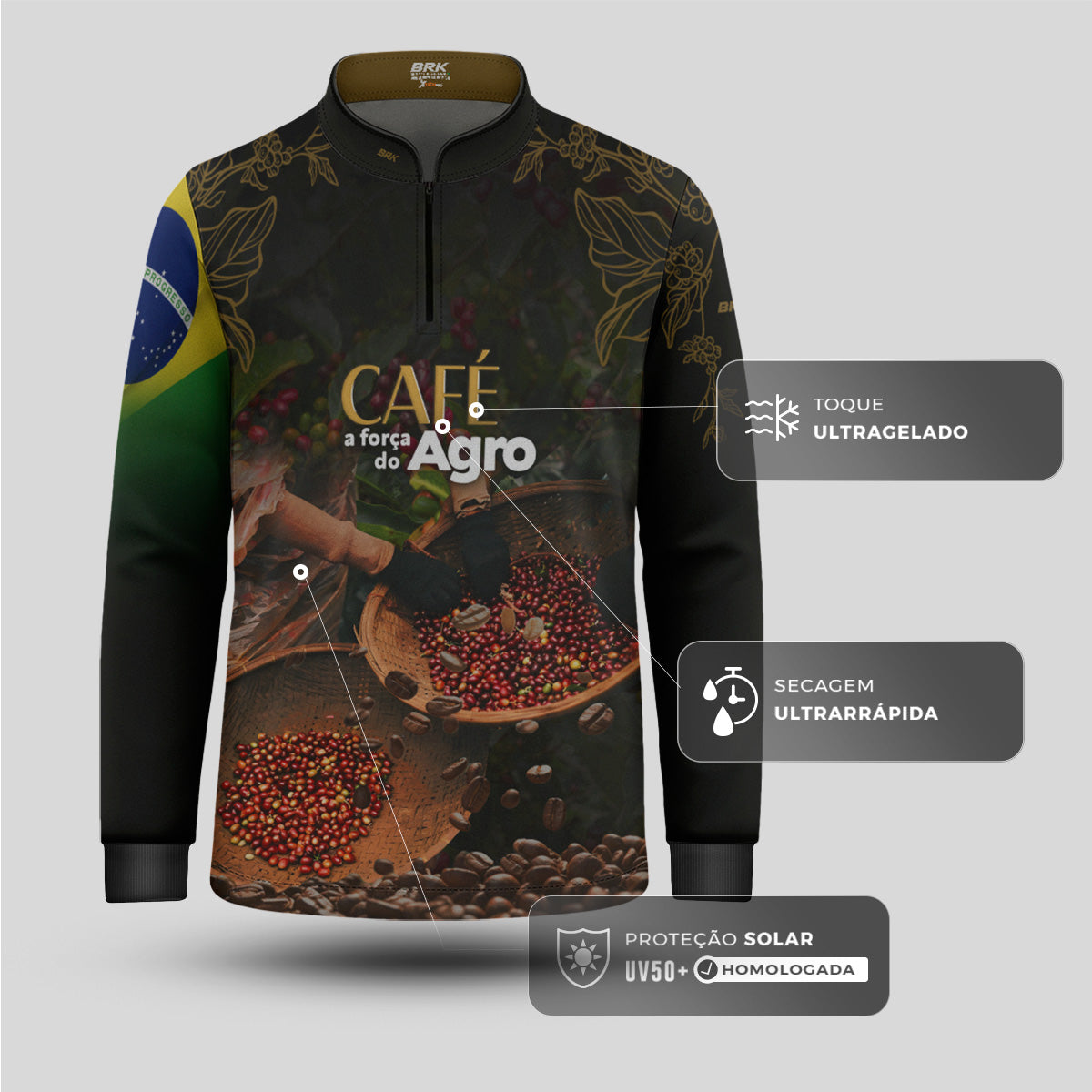 Camisa Agro Infantil Brk A Força do Agro Café com Proteção Solar UV50+ - Brk Agro