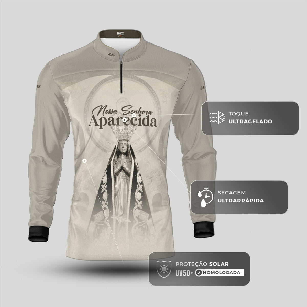 Camisa Agro Brk Bege Nossa Senhora Aparecida com Proteção UV50 - Brk Agro