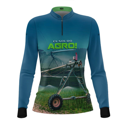 Camisa UV50 Agro Feminina Brk Irrigação no Campo Pivô Azul