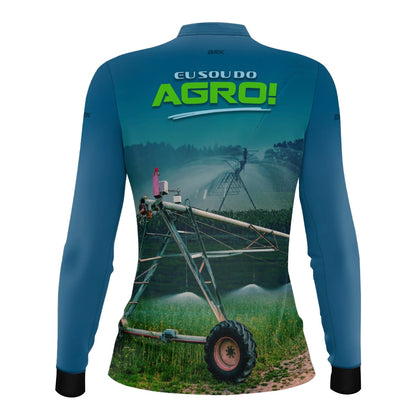 Camisa UV50 Agro Feminina Brk Irrigação no Campo Pivô Azul
