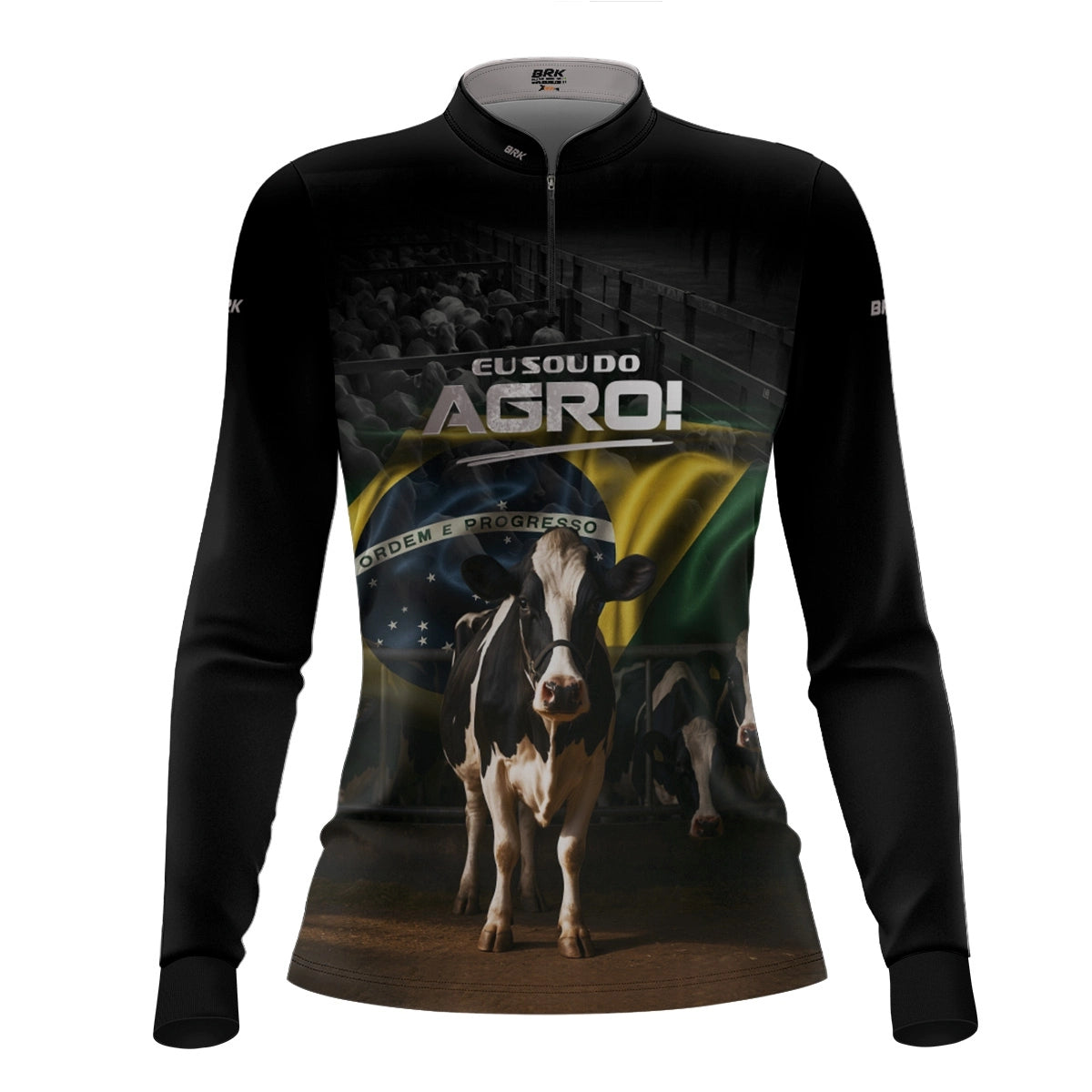 Camisa UV50 Agro Feminina Brk Eu Sou do Agro Preta Vaca Holandesa
