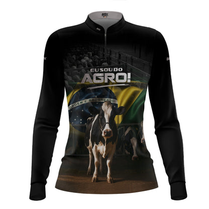 Camisa UV50 Agro Feminina Brk Eu Sou do Agro Preta Vaca Holandesa