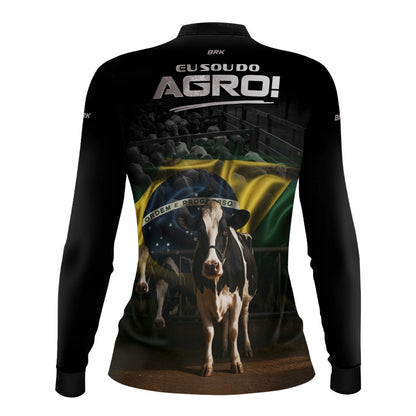 Camisa UV50 Agro Feminina Brk Eu Sou do Agro Preta Vaca Holandesa