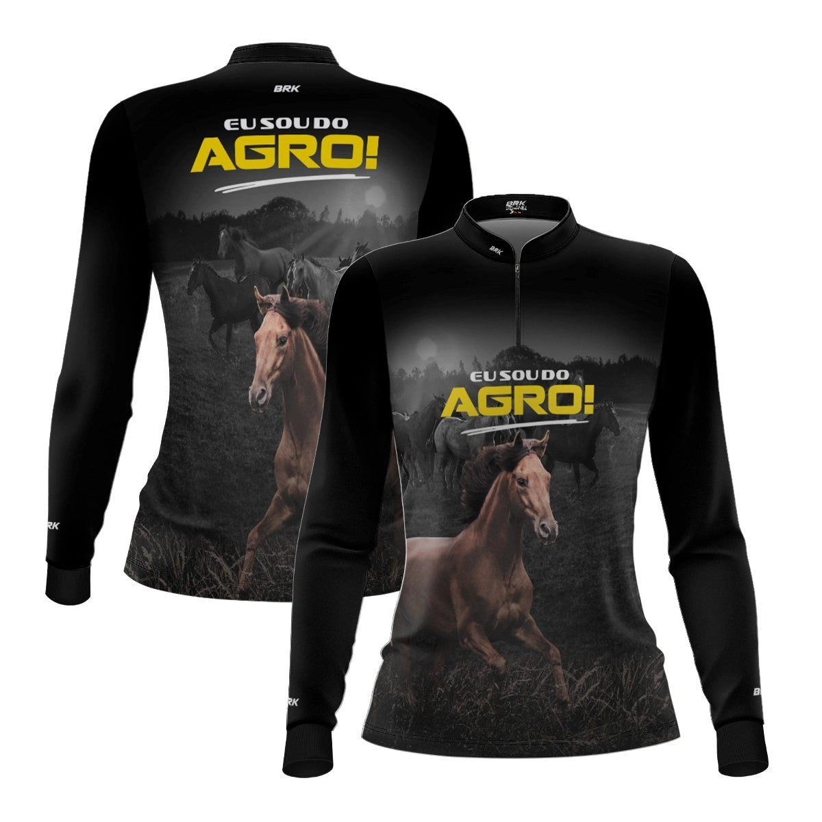 Camisa UV50 Agro Feminina Brk Eu Sou do Agro Preta Cavalos - Brk Agro
