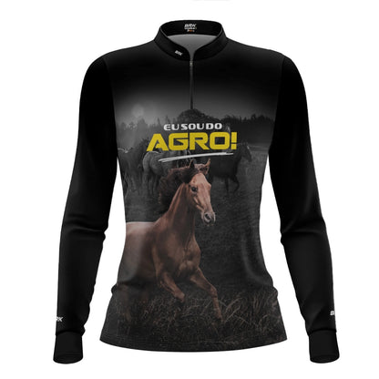 Camisa UV50 Agro Feminina Brk Eu Sou do Agro Preta Cavalos - Brk Agro