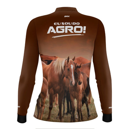 Camisa UV50 Agro Feminina Brk Eu Sou do Agro Marrom Cavalos