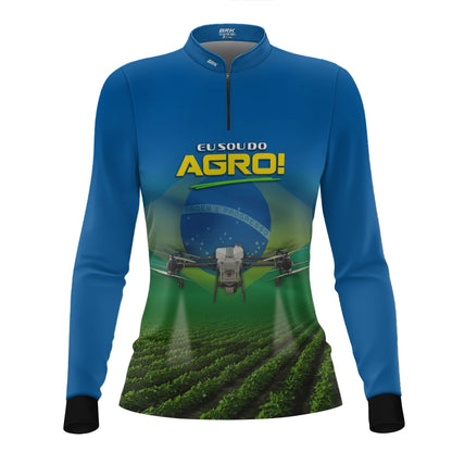 Camisa UV50 Agro Feminina Brk Eu Sou do Agro Azul Drone