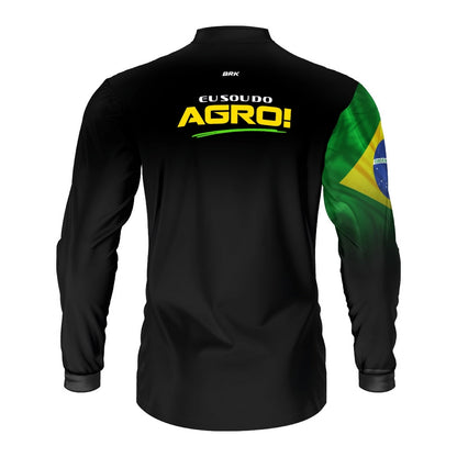 Camisa UV50 Agro Brk Eu Sou do Agro Preta Básica Bandeira do Brasil