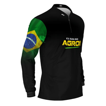 Camisa UV50 Agro Brk Eu Sou do Agro Preta Básica Bandeira do Brasil