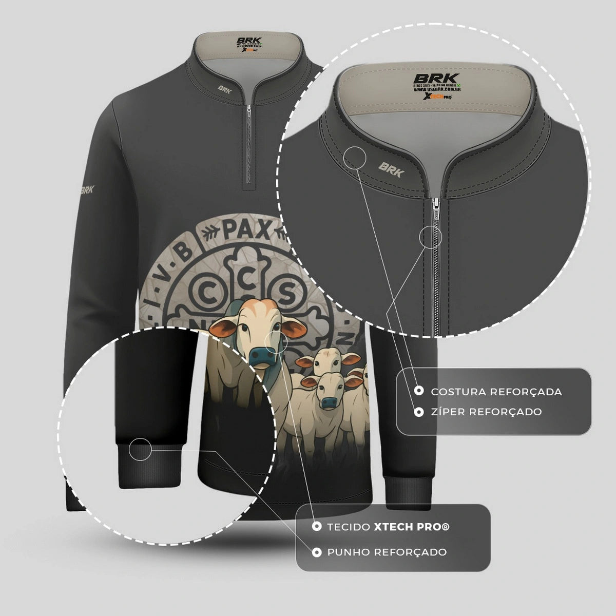 Camisa UV50 Agro Infantil Brk Medalha Sao Bento Cinza e Vaquinhas - Brk Agro