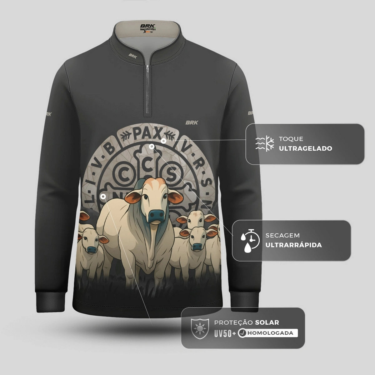 Camisa UV50 Agro Infantil Brk Medalha Sao Bento Cinza e Vaquinhas - Brk Agro