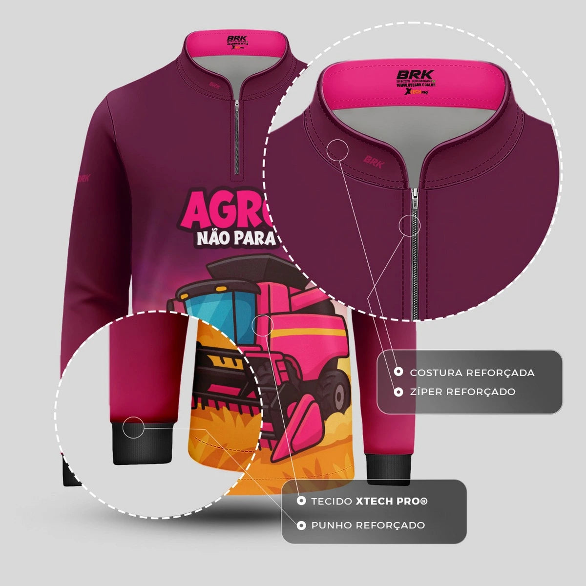 Camisa UV50 Agro Infantil Brk Colheitadeira Rosa Agro Não Para - Brk Agro