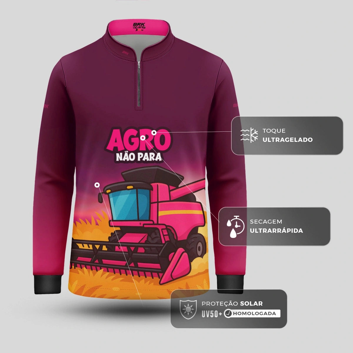 Camisa UV50 Agro Infantil Brk Colheitadeira Rosa Agro Não Para - Brk Agro