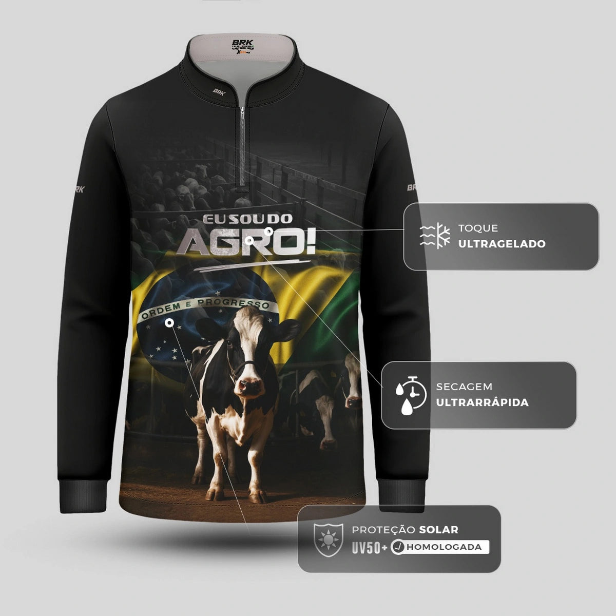 Camisa UV50 Agro Infantil Brk Eu Sou do Agro Preta Vaca Holandesa - Brk Agro