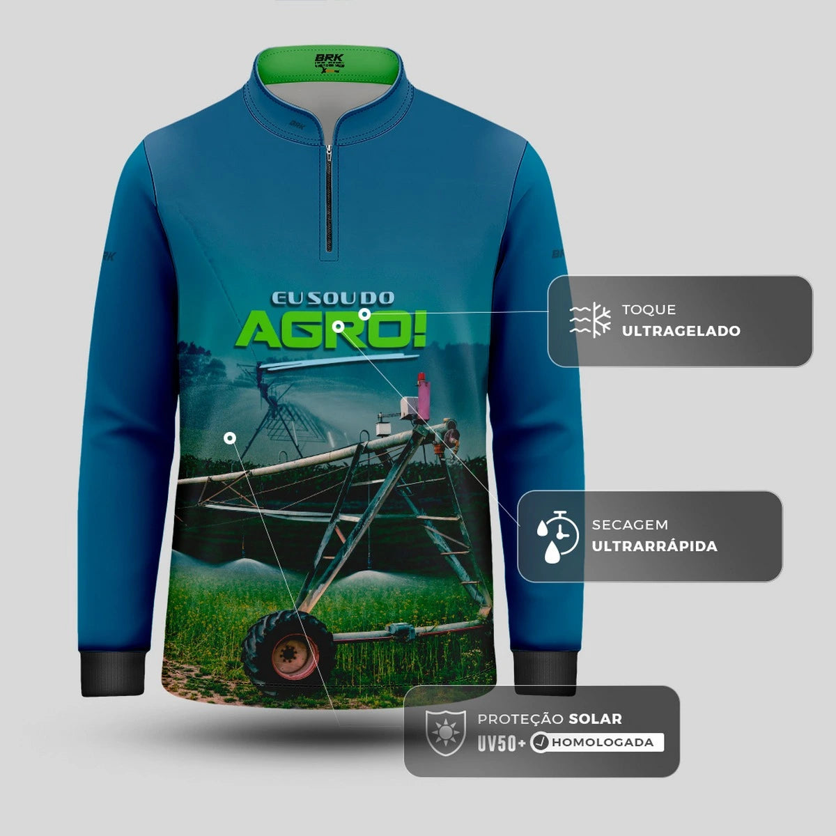 Camisa UV50 Agro Infantil Brk Eu Sou do Agro Irrigação no Campo Pivô Azul - Brk Agro