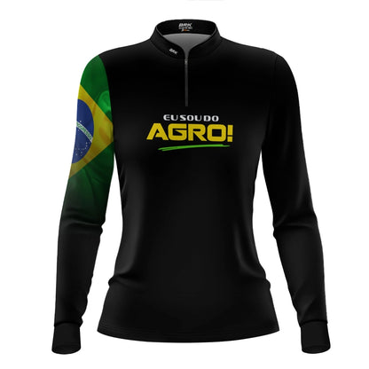 Camisa UV50 Agro Feminina Brk Eu Sou do Agro Preta Básica Bandeira do Brasil - Brk Agro