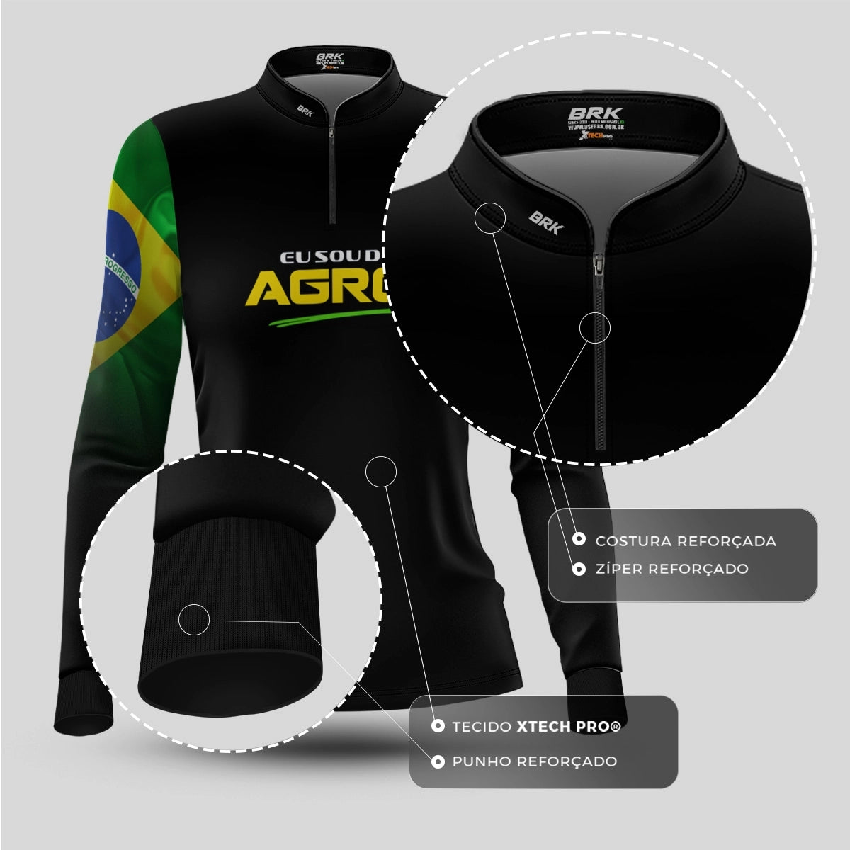 Camisa UV50 Agro Feminina Brk Eu Sou do Agro Preta Básica Bandeira do Brasil - Brk Agro