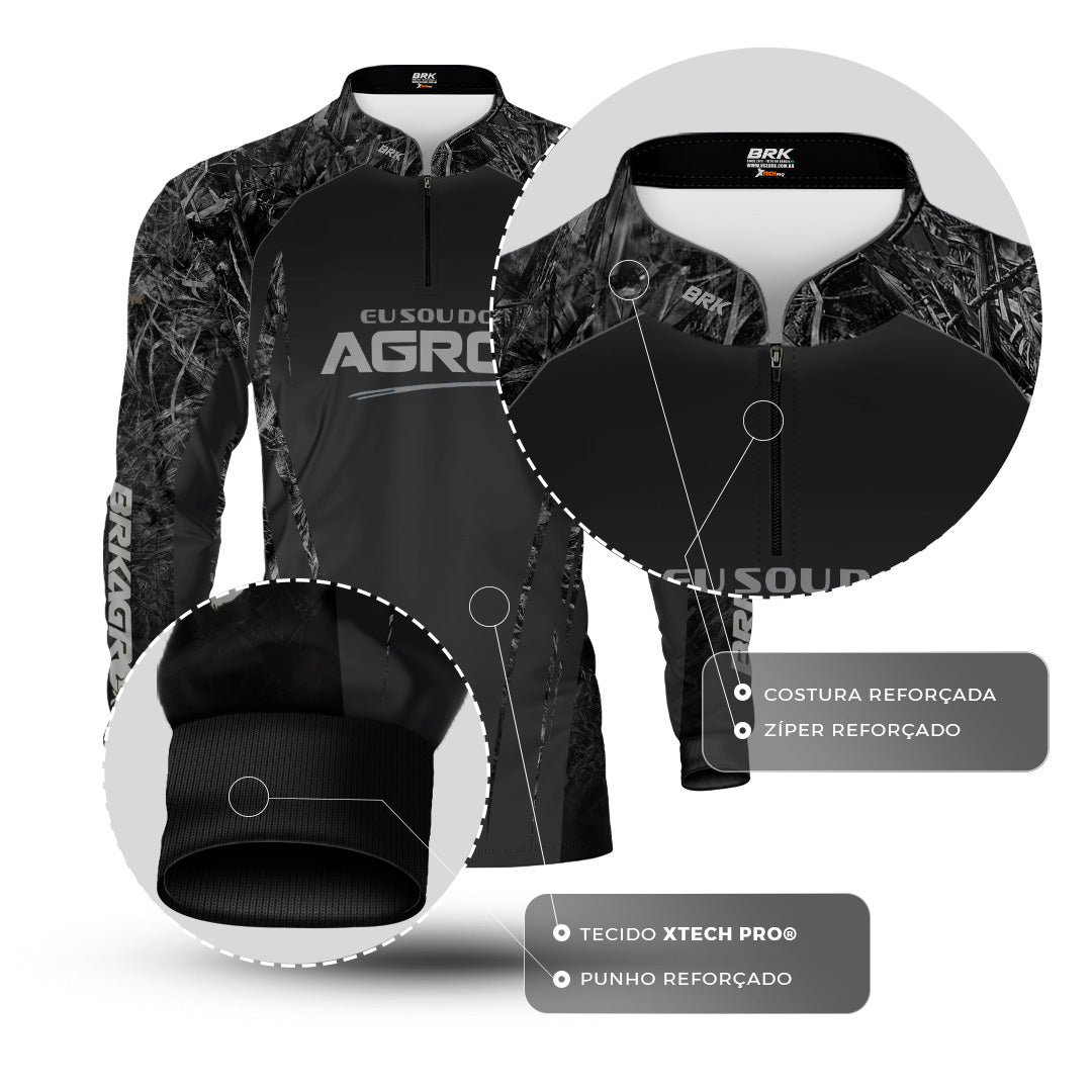 Camisa Agro Brk Eu Sou Do Agro Real Tree Preta com Proteção Solar UV50+ - Brk Agro