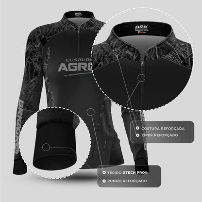 Camisa Agro Feminina Brk Eu Sou Do Agro Real Tree Preta com Proteção Solar UV50+ - Brk Agro