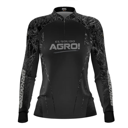 Camisa Agro Feminina Brk Eu Sou Do Agro Real Tree Preta com Proteção Solar UV50+ - Brk Agro