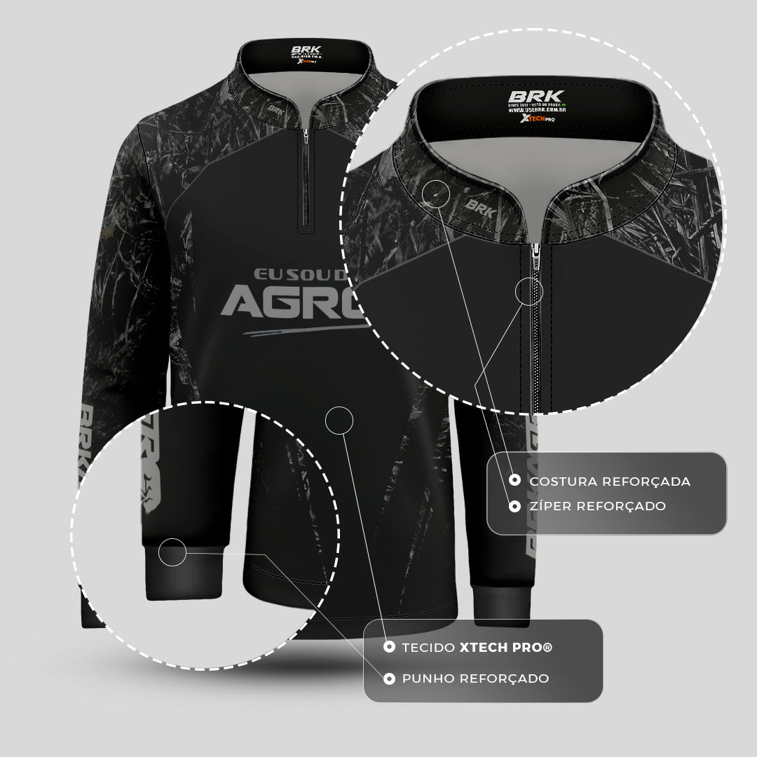 Camisa Agro Infantil Brk Eu Sou Do Agro Real Tree Preta com Proteção Solar UV50+ - Brk Agro