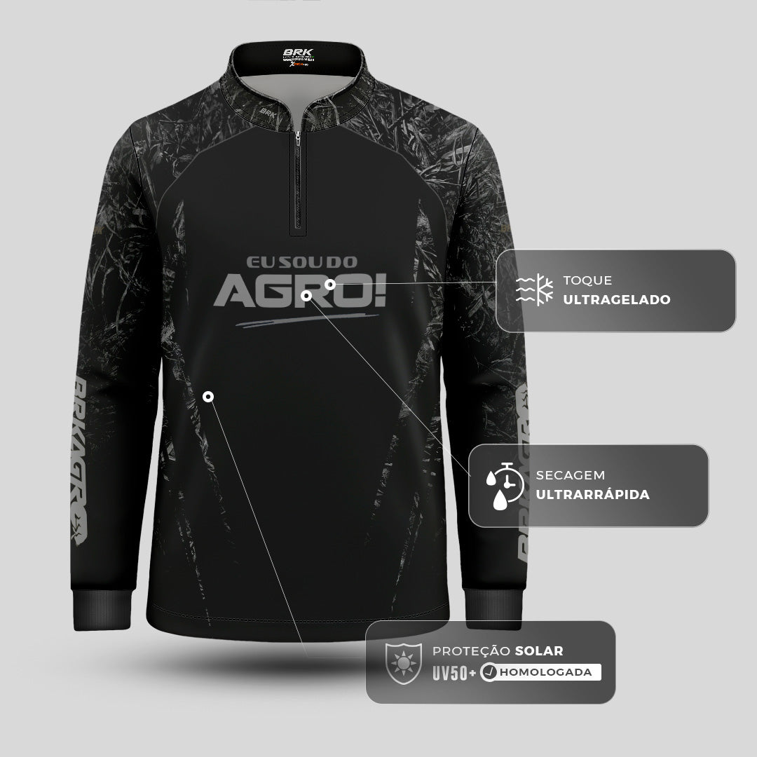 Camisa Agro Infantil Brk Eu Sou Do Agro Real Tree Preta com Proteção Solar UV50+ - Brk Agro