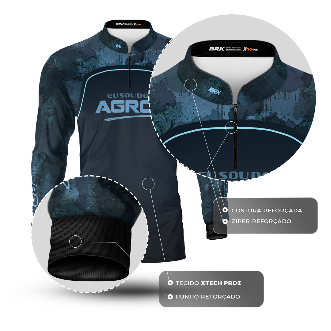 Camisa Agro Brk Eu Sou Do Agro Camo Azul com Proteção Solar UV50+ - Brk Agro