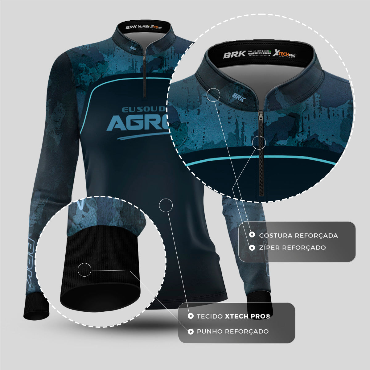 Camisa Agro Feminina Brk Eu Sou Do Agro Camo Azul com Proteção Solar UV50+ - Brk Agro