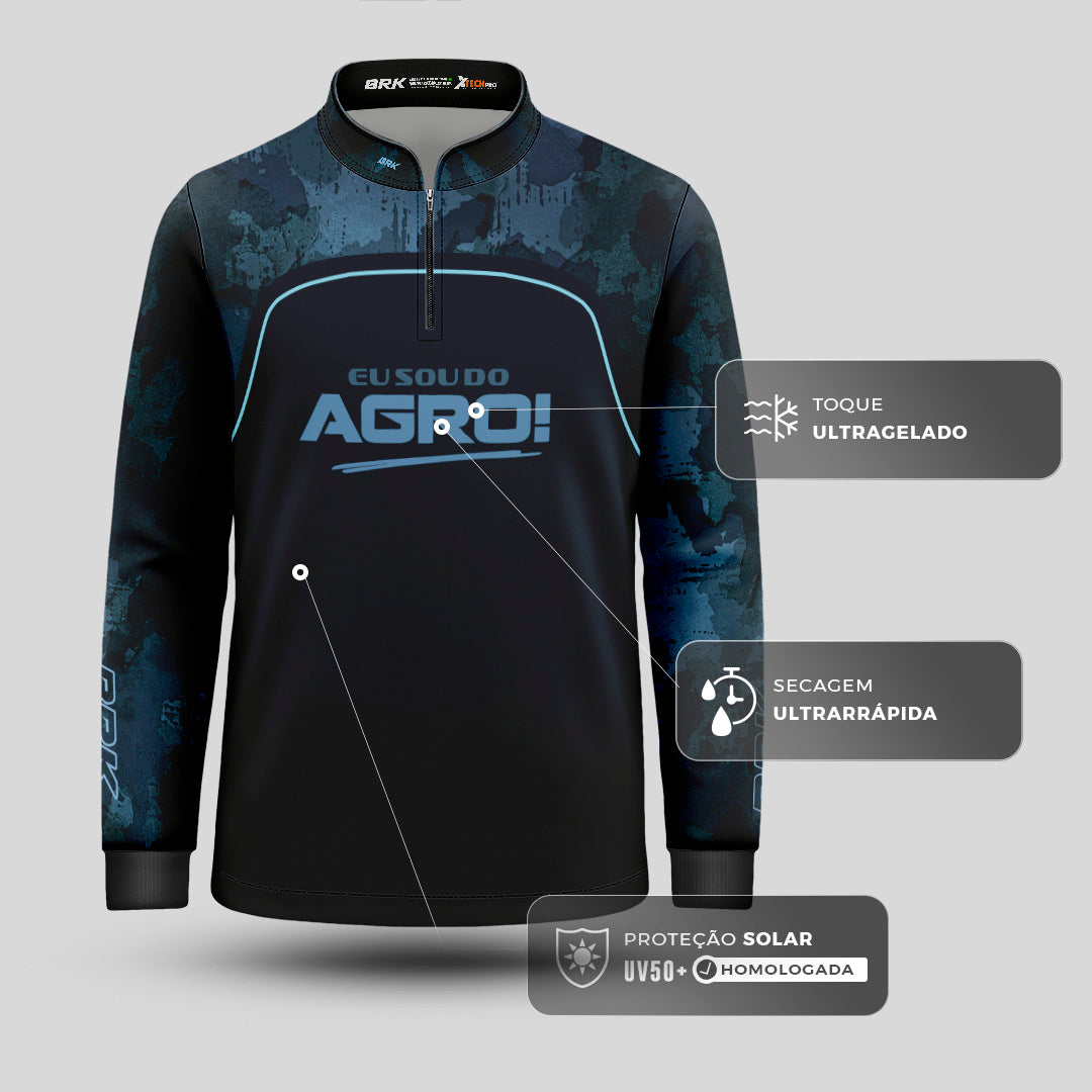 Camisa Agro Infantil Brk Eu Sou Do Agro Camo Azul com Proteção Solar UV50+ - Brk Agro