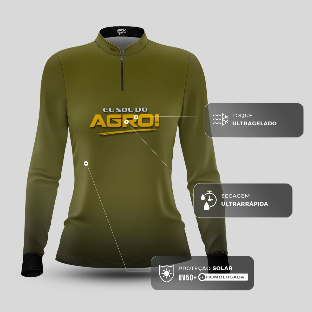 Camisa Agro Feminina Brk Eu Sou Do Agro Clean Verde Musgo com Proteção Solar UV50+ - Brk Agro