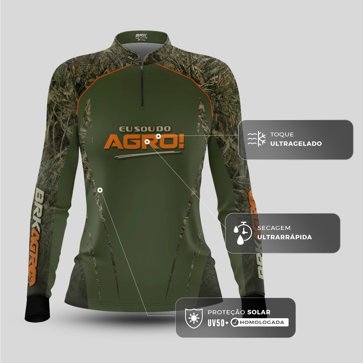 Camisa Agro Feminina Brk Eu Sou Do Agro Real Tree com Proteção Solar UV50+ - Brk Agro