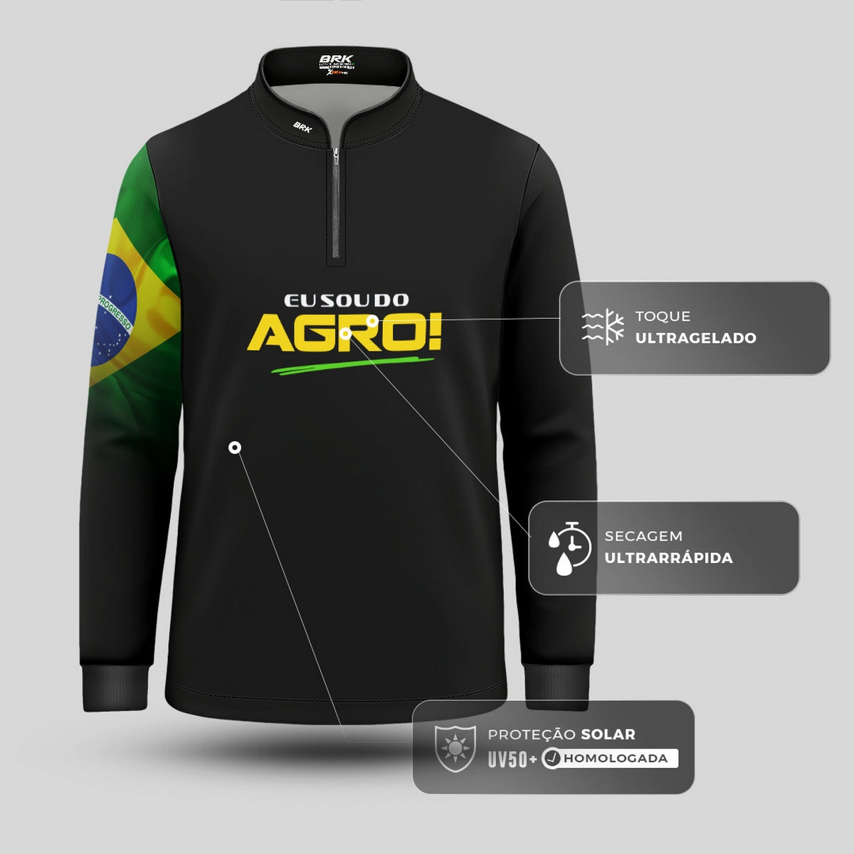 Camisa UV50 Agro Infantil Brk Eu Sou do Agro Preta Básica Bandeira do Brasil - Brk Agro