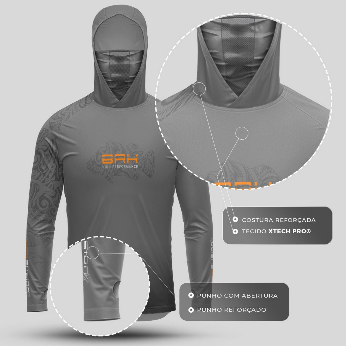 Camisa FusionX Maori Cinza Tucunaré Tribal BRK com Proteção Solar UV50+ - Brk Agro